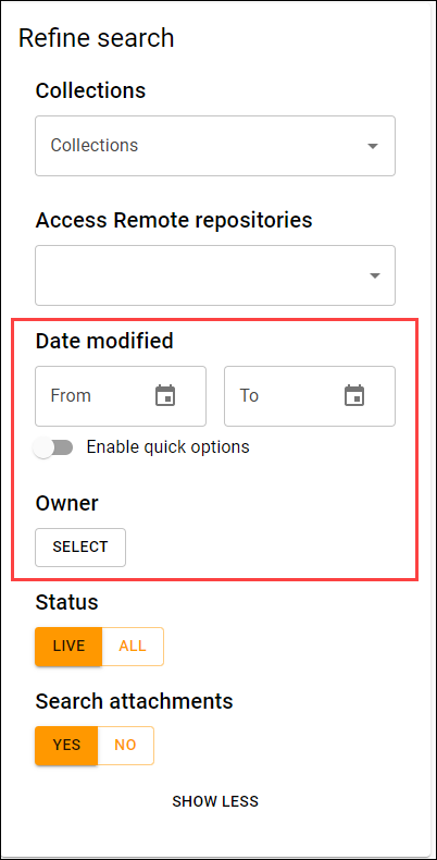 Refine search panel with Owner and Date modified filters visible